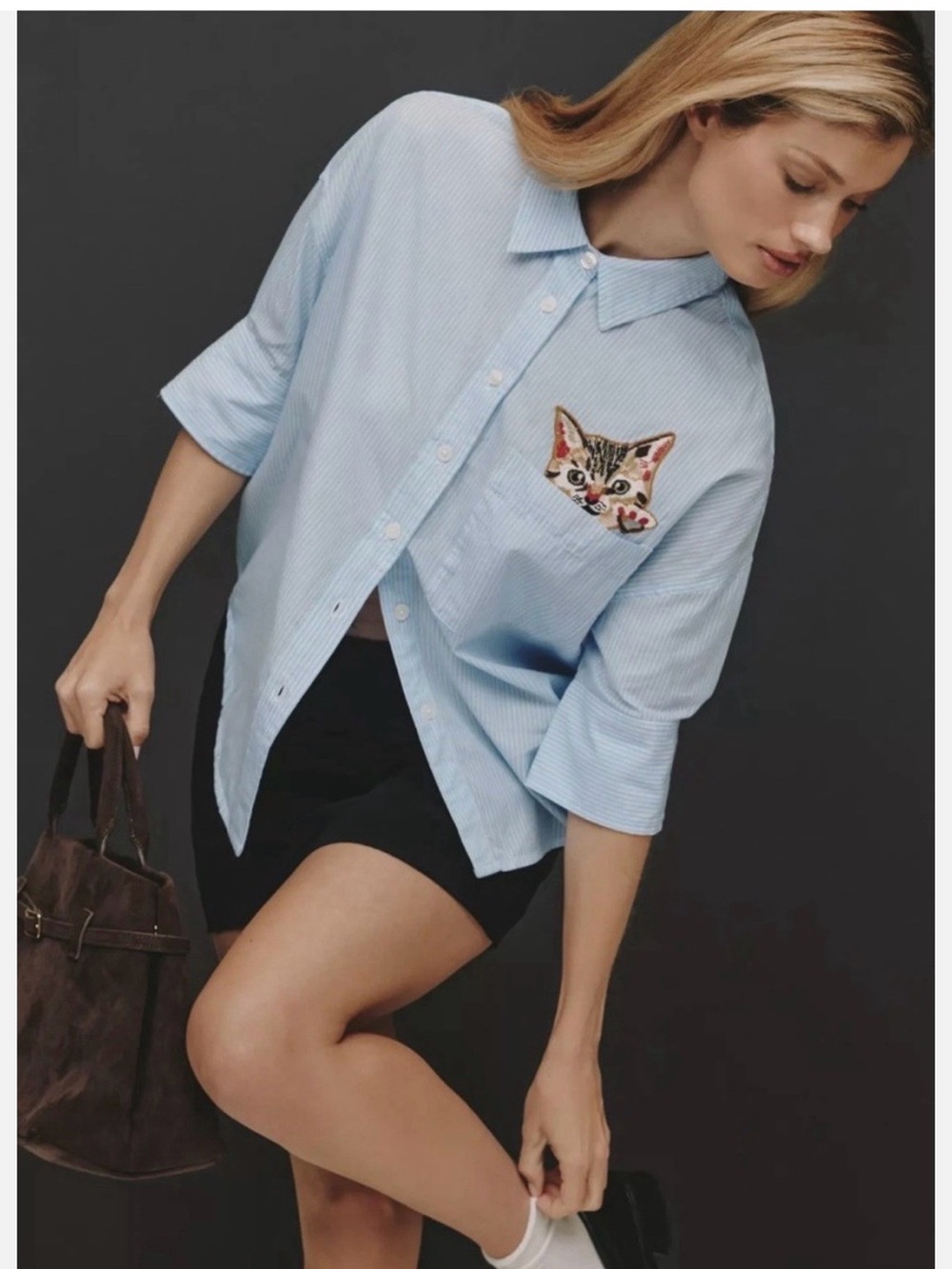 Maeve Light Blue Striped Button-Down Shirt with Cat Patch